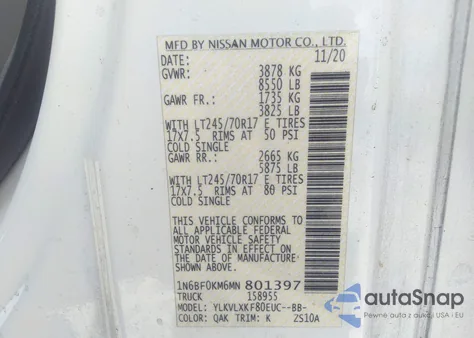 2021 Nissan Nv 1500 S из США, поврежденный, VIN 1N6BF0KM6MN801397